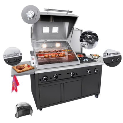 Stazione di griglia a Gas – Cucina BBQ Professionale – Nera – 22,5 kw – 2187 x 850 x 1395 mm