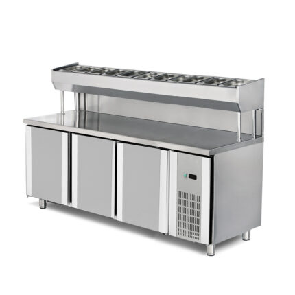 Banco refrigerato per pizza – 0/+5 ºC – 3 porte – con porta bacinelle – 2000 x 800 x 850/1350 mm