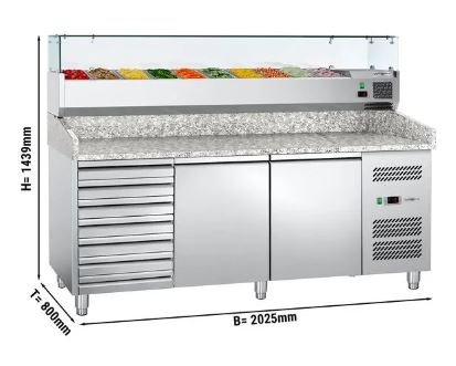 Banco Pizza refrigerato – 2000x800mm – 2 porte e 7 cassetti – con vetrina refrigerata da banco