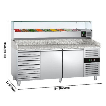 Pronto Attrezzature | attrezzature ristorazione-Banco Pizza Refrigerato – 2 Porte e 7 Cassetti – Inclusa Vetrina Refrigerata – 10 x GN 1/4