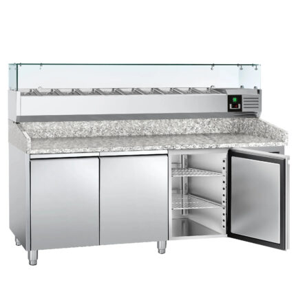 Banco Pizza refrigerato  – 2000x800mm – 2 porte & 7 cassetti – inclusa vetrina refrigerata da banco