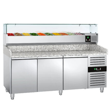 Banco Pizza refrigerato  – 2000x800mm – 2 porte & 7 cassetti – inclusa vetrina refrigerata da banco