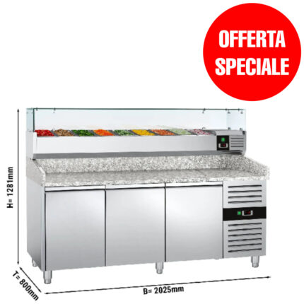 Banco Pizza refrigerato  – 2000x800mm – 2 porte & 7 cassetti – inclusa vetrina refrigerata da banco